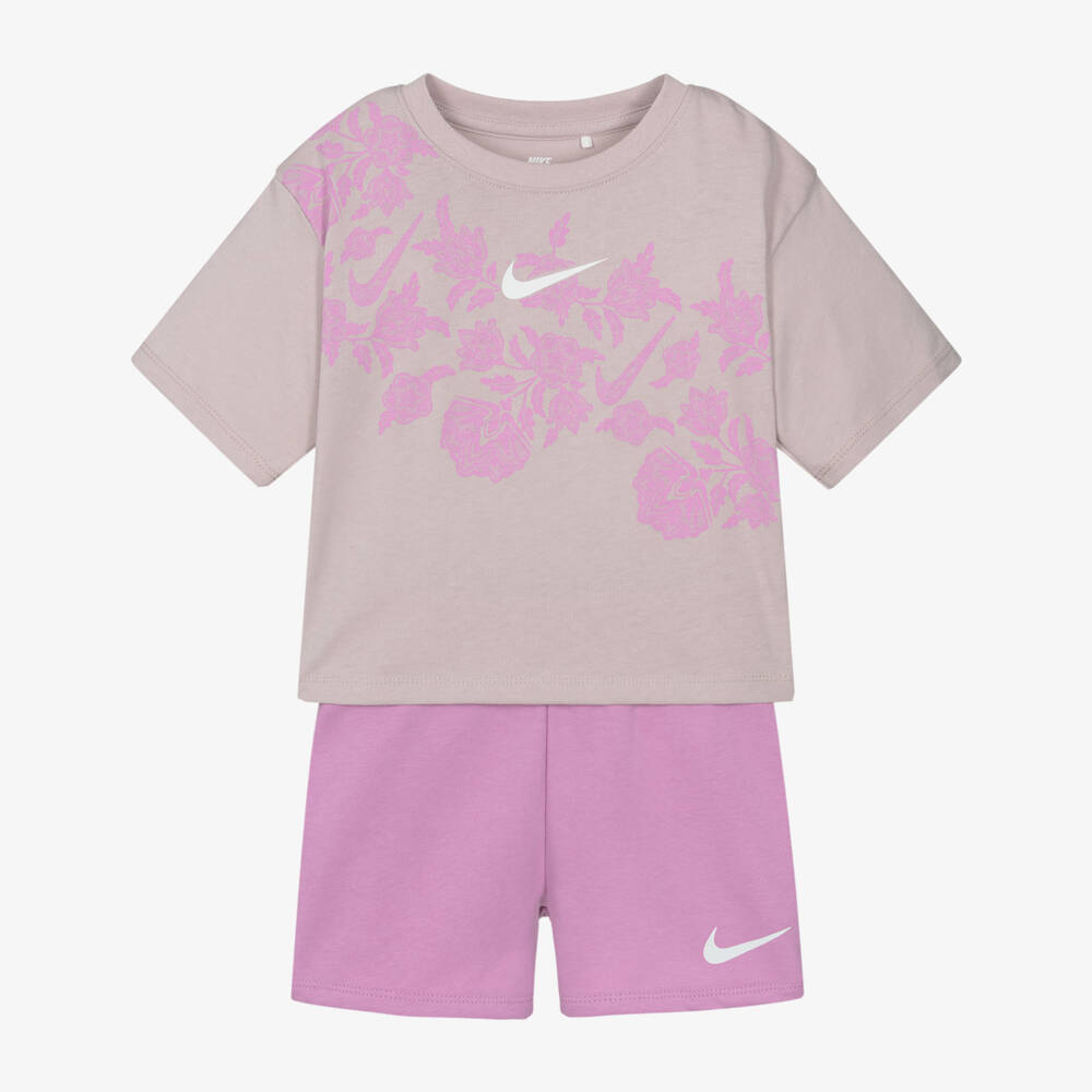 Nike-طقم شورت بطبعة زهور لون بنفسجي للبنات | Childrensalon