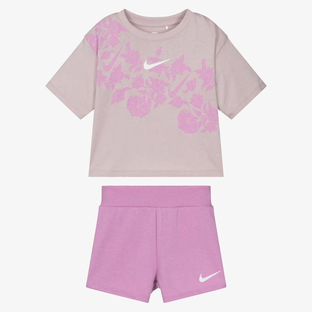 Nike-Girls Purple Floral Jersey Shorts Set with Swoosh Logo | Childrensalon