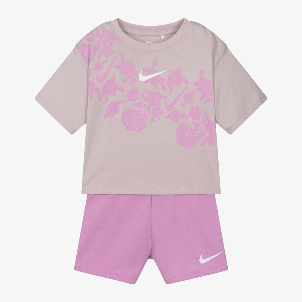 Nike-Girls Purple Floral Jersey Shorts Set with Swoosh Logo | Childrensalon