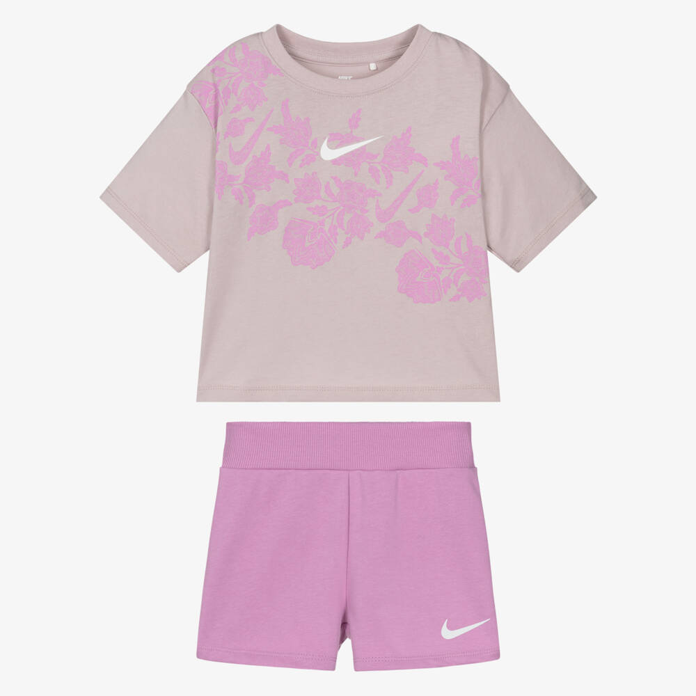Nike-Girls Purple Floral Jersey Shorts Set with Swoosh Logo | Childrensalon