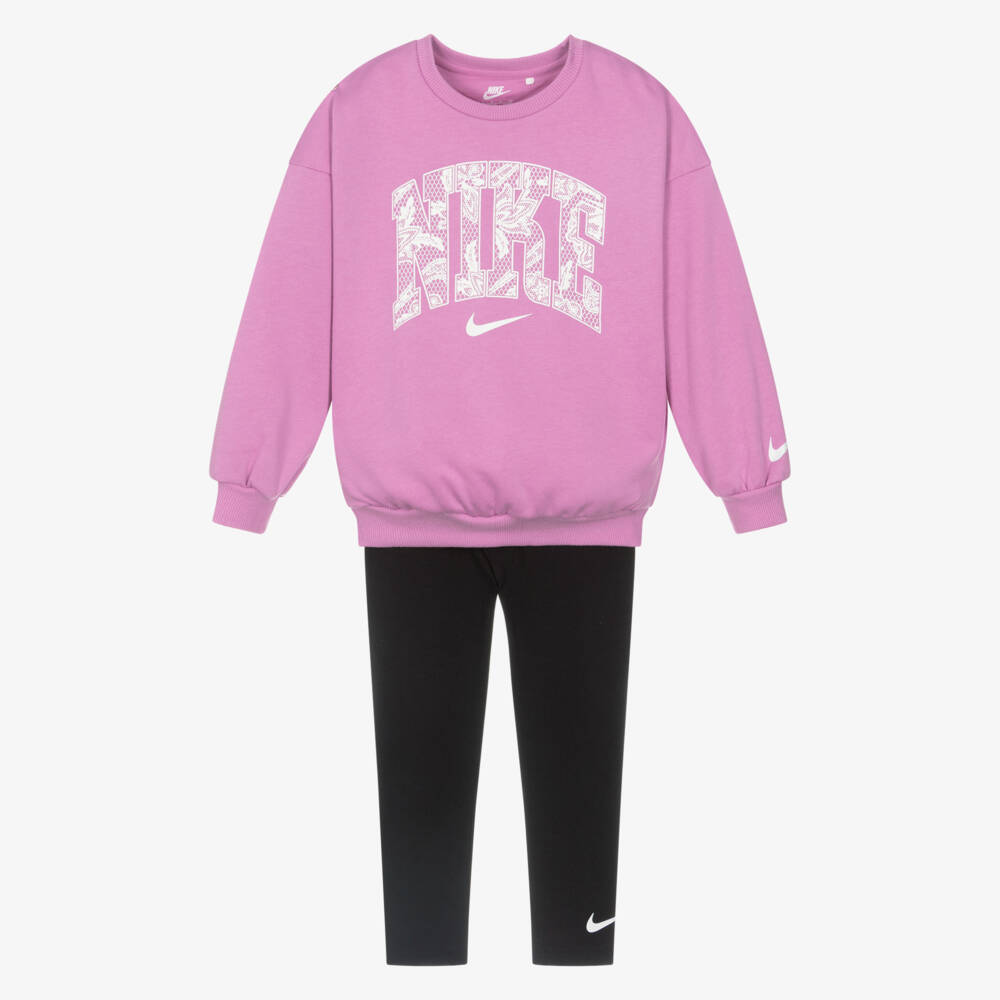 Nike-Girls Purple Jersey Leggings Set with Floral Nike Logo | Childrensalon