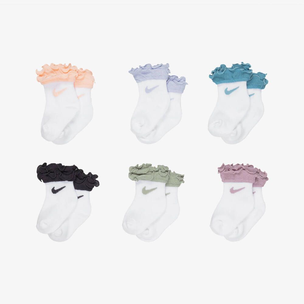 Nike-Girls White Ankle Socks with Colourful Ruffles (6 Pack) | Childrensalon