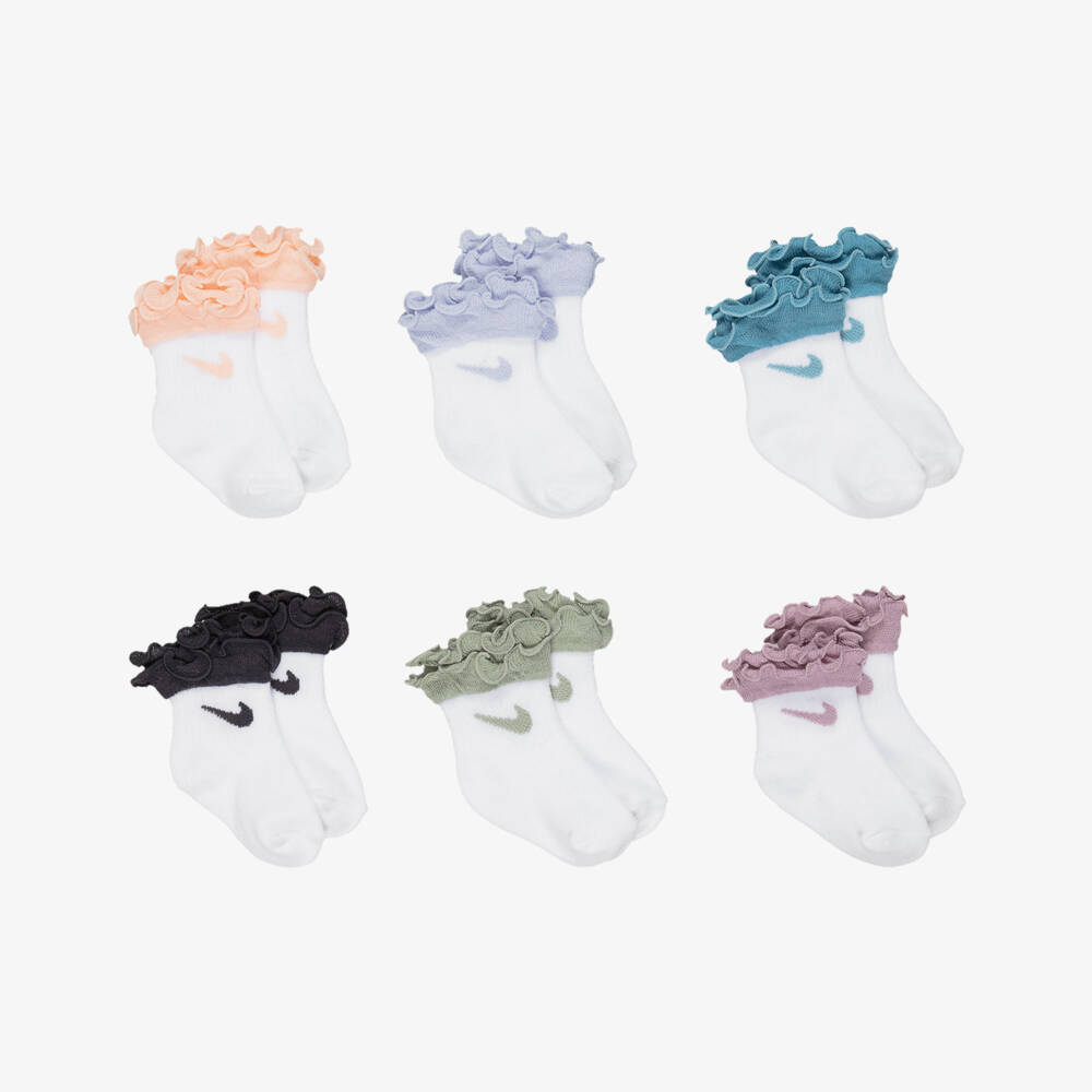 Nike-Girls White Ankle Socks with Colourful Ruffles (6 Pack) | Childrensalon