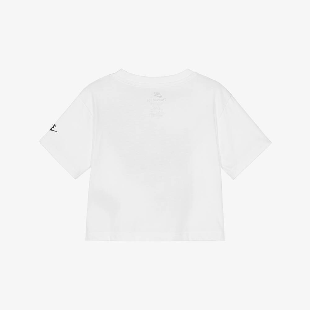Nike-Girls White Boxy T-Shirt with Leopard Swoosh Print | Childrensalon