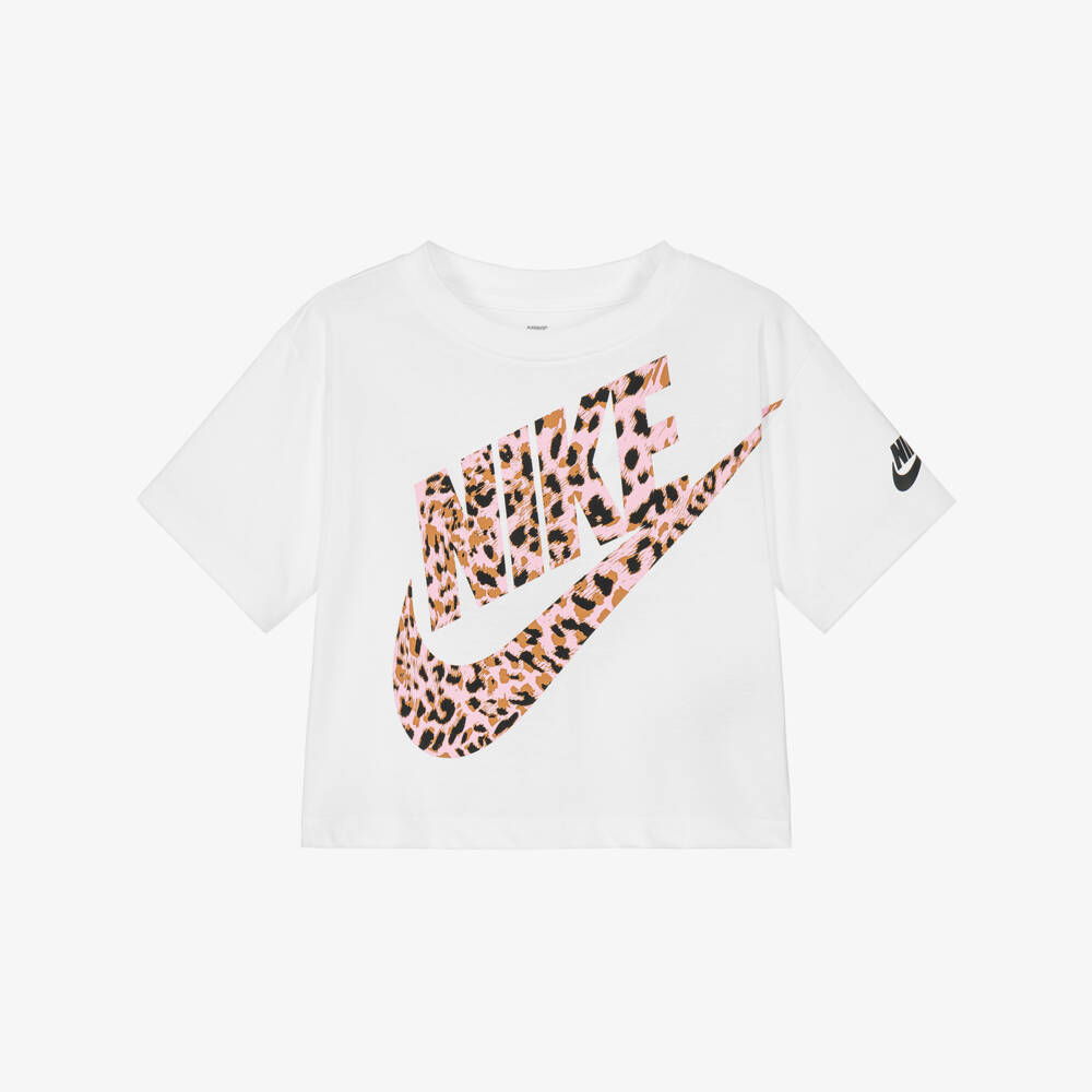 Nike-Girls White Boxy T-Shirt with Leopard Swoosh Print | Childrensalon