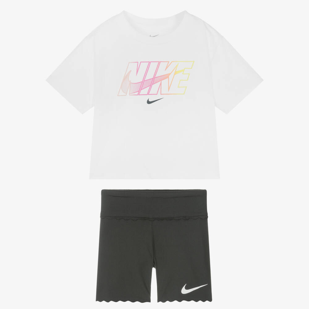 Nike-Girls White & Grey Dri-FIT Shorts Set | Childrensalon