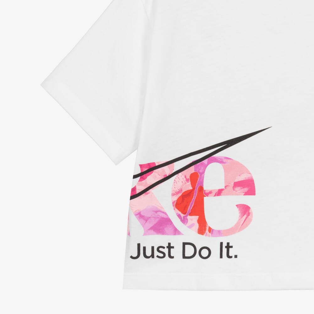 Nike-Футболка белая из трикотажа с розовым логотипом для девочек | Childrensalon