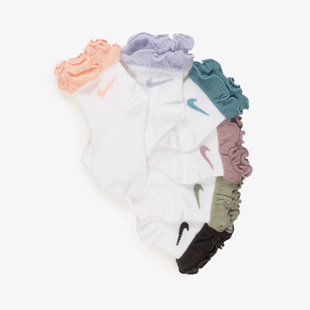 Nike-Girls White & Multicolour Frilly Socks (6 Pack) | Childrensalon
