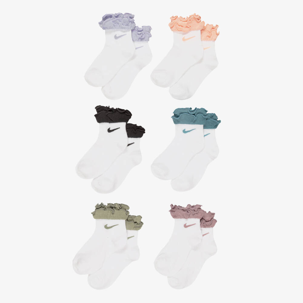 Nike-Girls White & Multicolour Frilly Socks (6 Pack) | Childrensalon