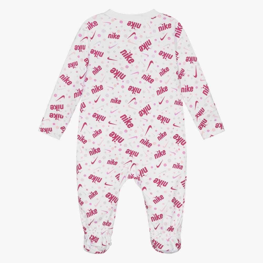 Nike-Girls White & Pink Cotton Babygrow with Swoosh Logos | Childrensalon