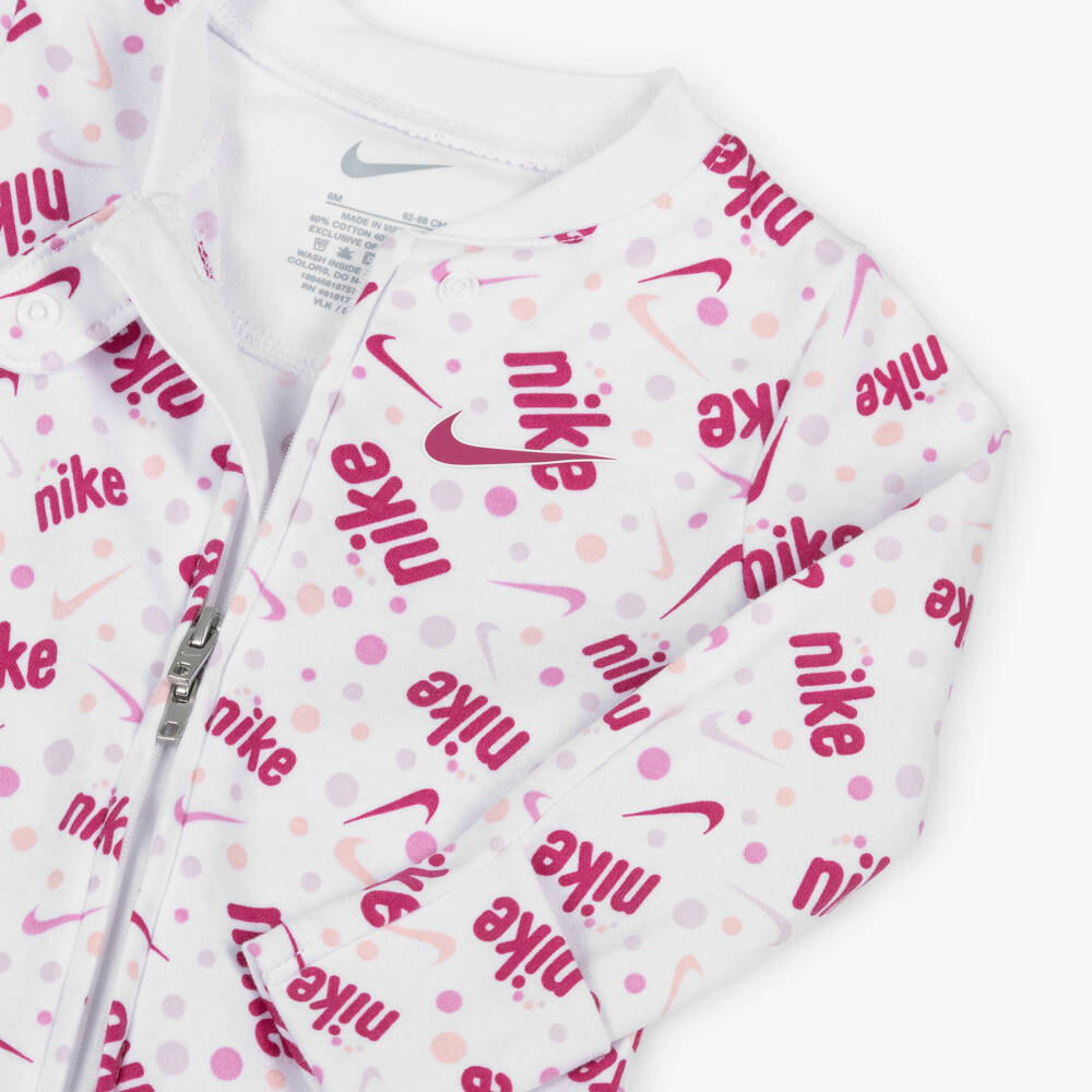 Nike-Girls White & Pink Cotton Babygrow with Swoosh Logos | Childrensalon