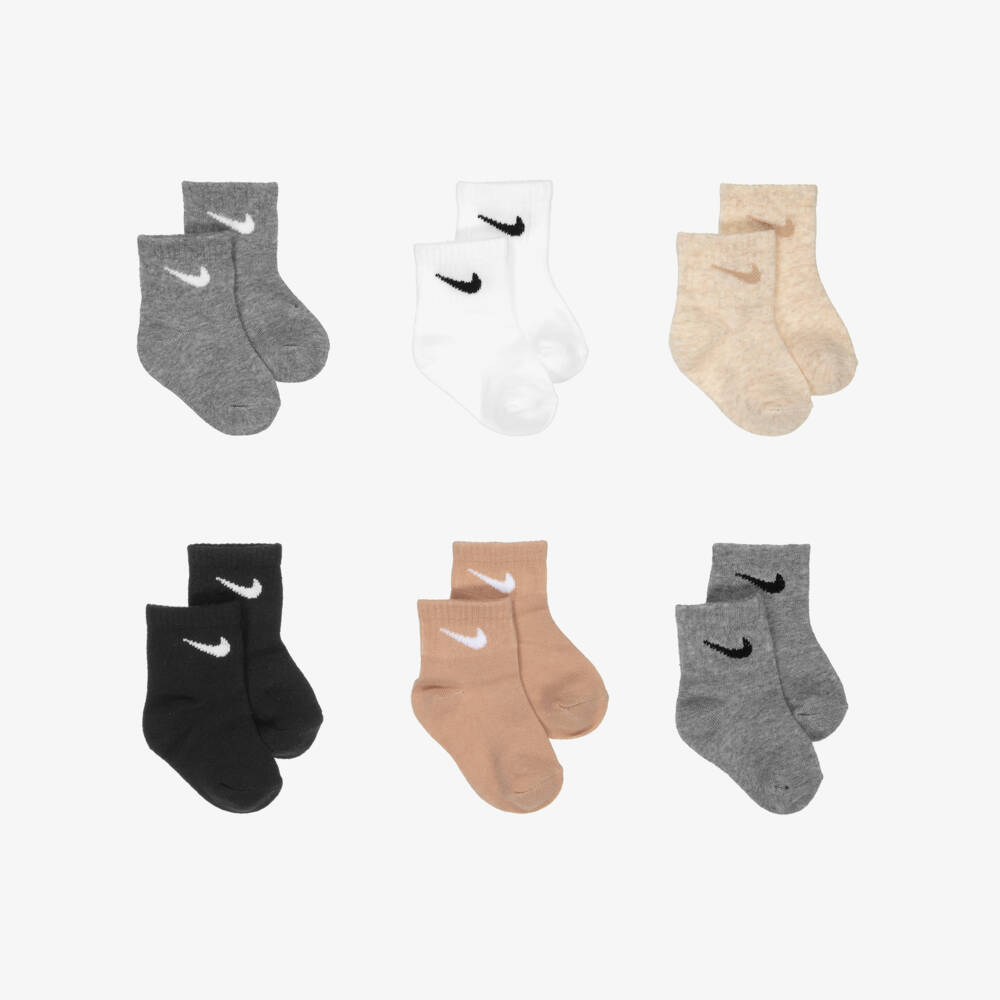 Nike-Grey & Beige Cotton Swoosh Logo Socks (6 Pack) | Childrensalon
