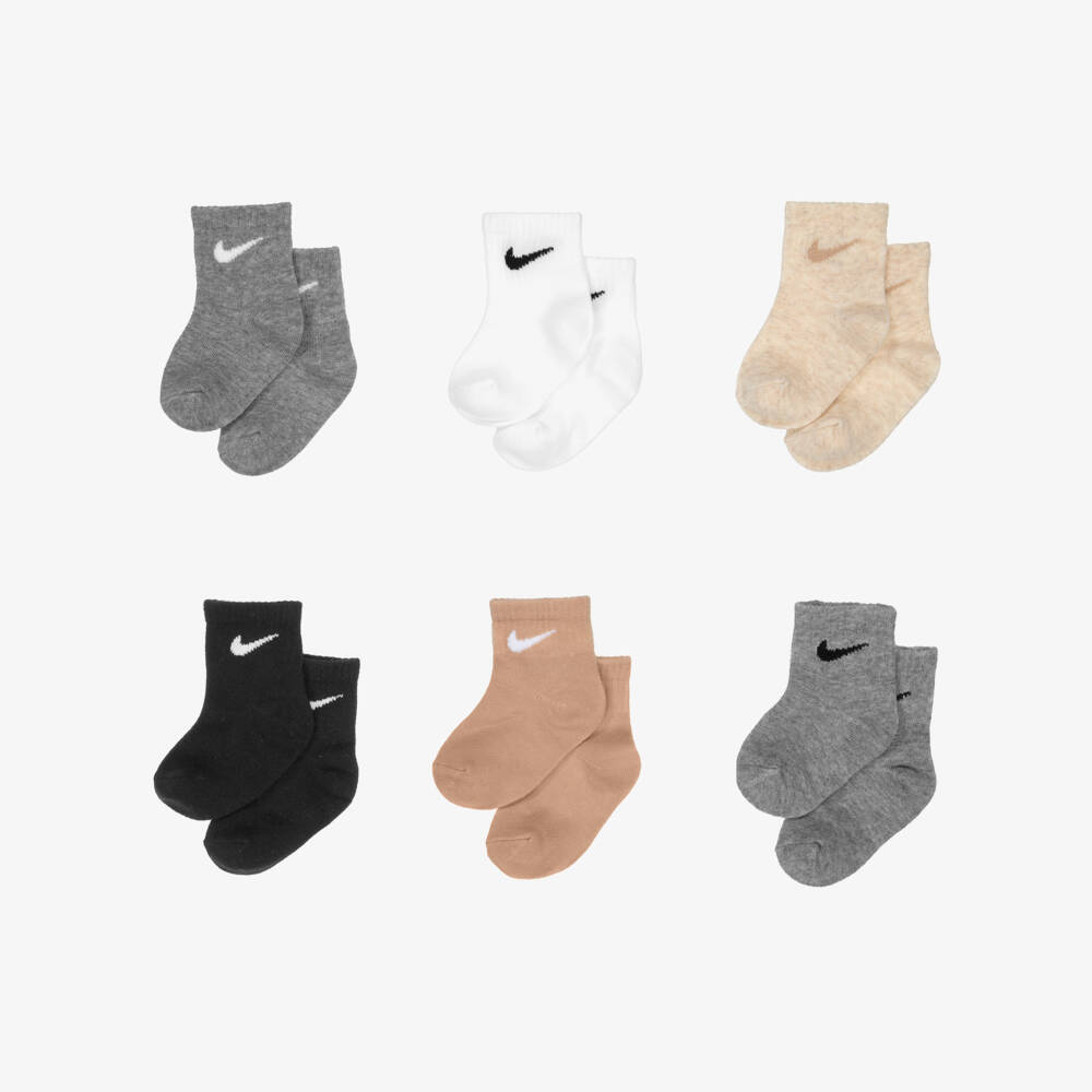 Nike-Grey & Beige Cotton Swoosh Logo Socks (6 Pack) | Childrensalon