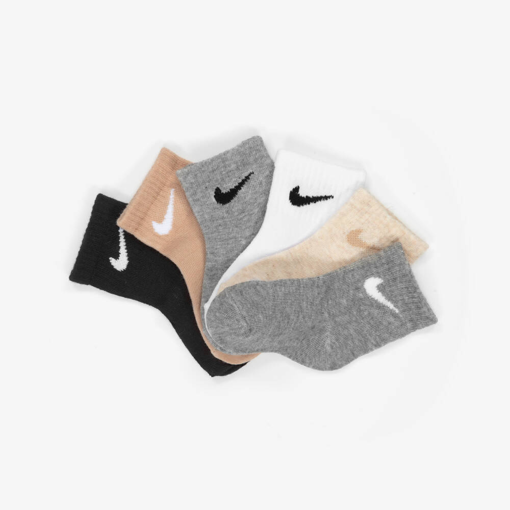 Nike-Grey & Beige Cotton Swoosh Logo Socks (6 Pack) | Childrensalon