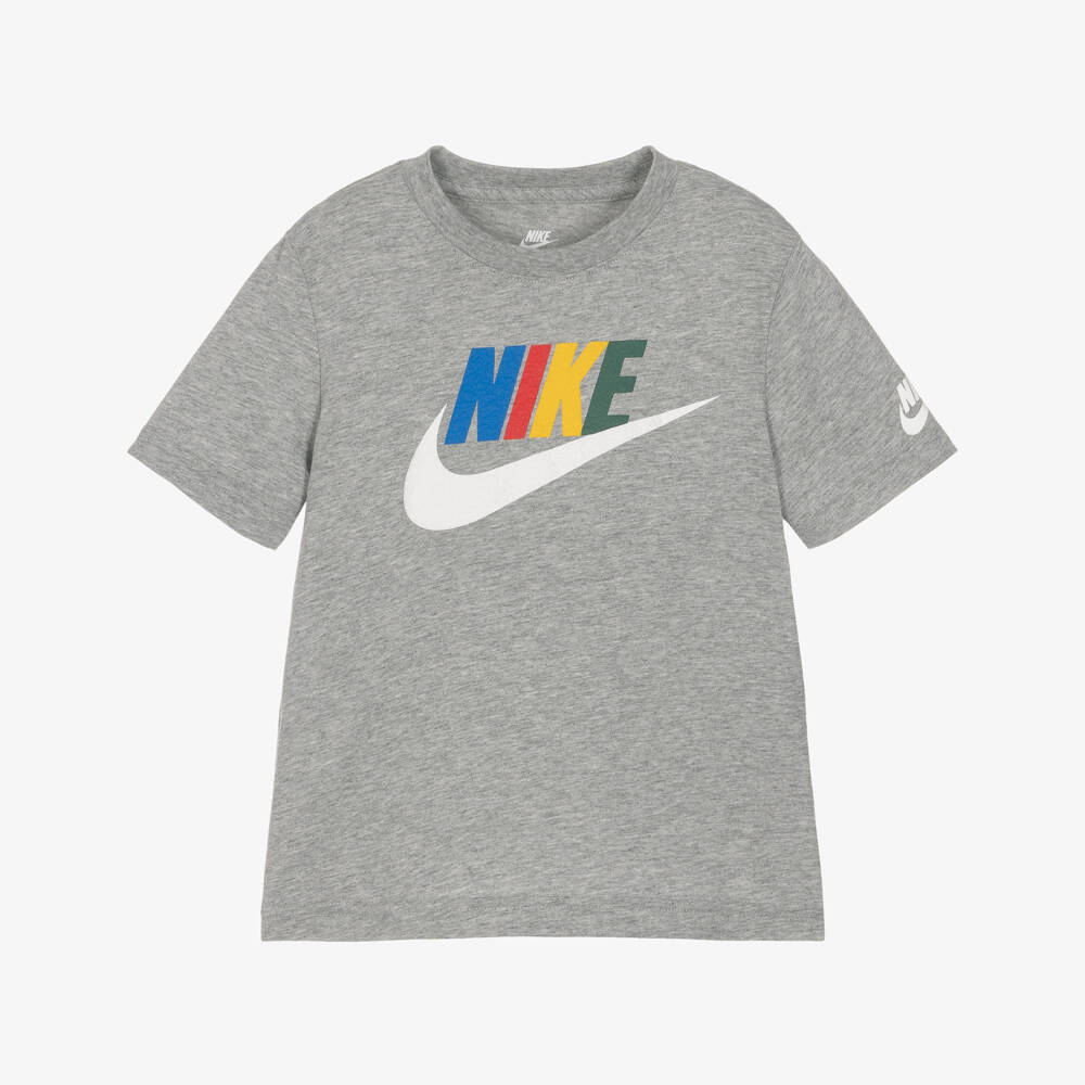 Nike-Grey Marl Crew Neck T-Shirt with Colourful Logo | Childrensalon