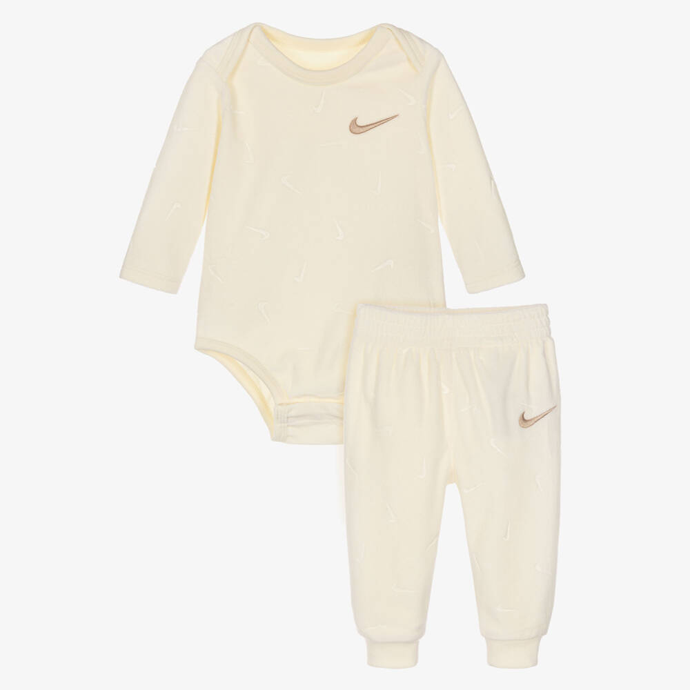 Nike-Ivory Velour Babysuit Set with Swoosh Logo | Childrensalon