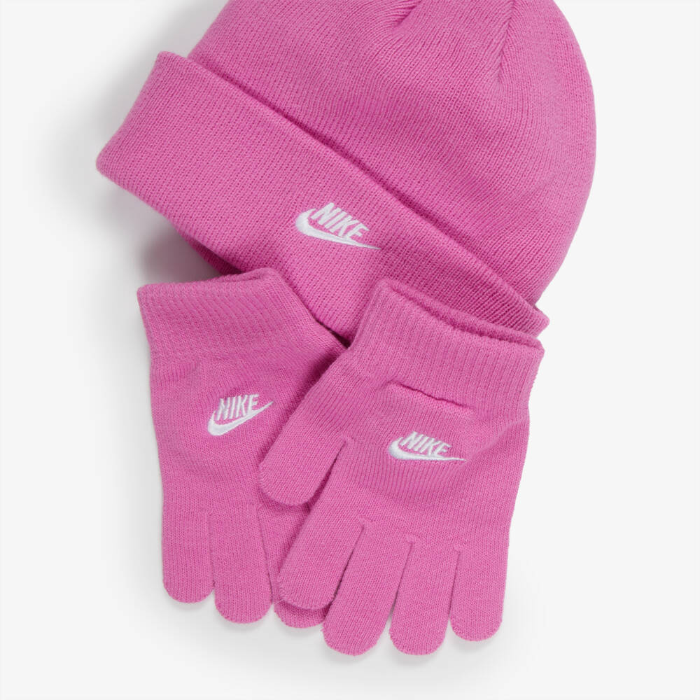 Nike-Pink Ribbed Knit Hat & Gloves Set with Swoosh Logo | Childrensalon