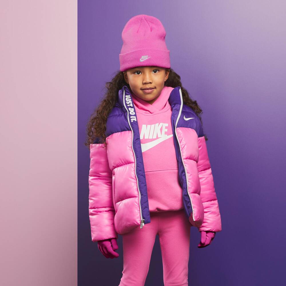 Nike-Pink Ribbed Knit Hat & Gloves Set with Swoosh Logo | Childrensalon