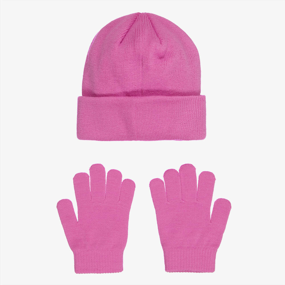 Nike-Pink Ribbed Knit Hat & Gloves Set with Swoosh Logo | Childrensalon