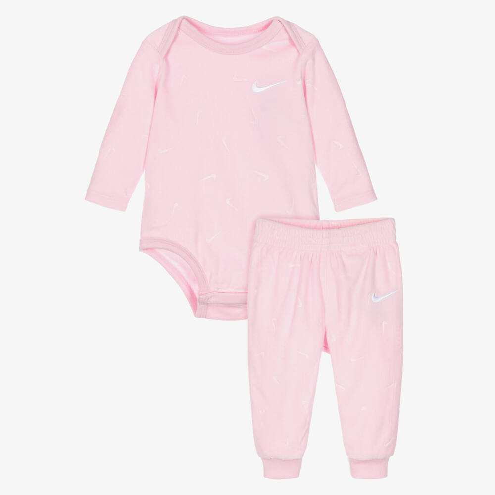 Nike-Pink Velour Babysuit Set with Swoosh Logo | Childrensalon