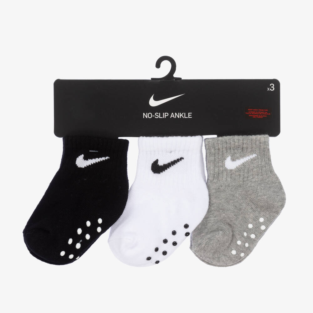 Nike-White, Black & Grey Cotton Logo Baby Socks (3 Pack) | Childrensalon