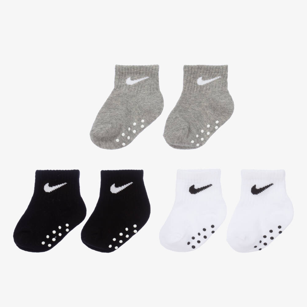 Nike-White, Black & Grey Cotton Logo Baby Socks (3 Pack) | Childrensalon