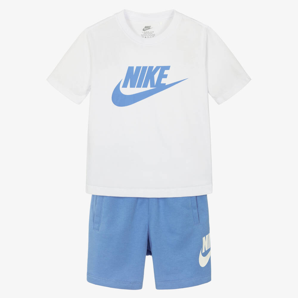 Nike-White & Blue Jersey Shorts Set with Swoosh Logo Prints | Childrensalon