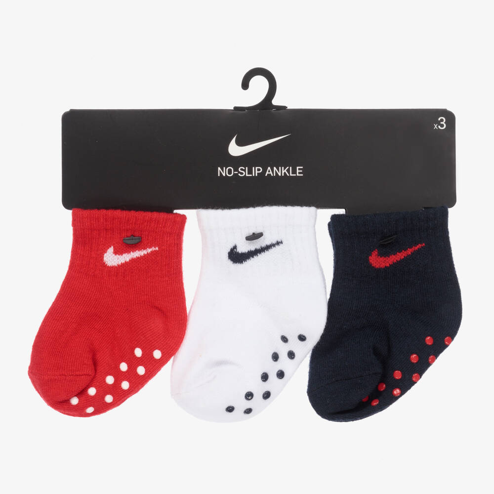 Nike-White, Blue & Red Cotton Logo Baby Socks(3 Pack) | Childrensalon