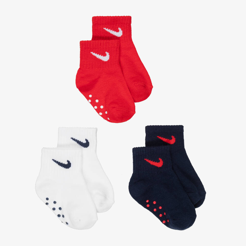 Nike-White, Blue & Red Cotton Logo Baby Socks(3 Pack) | Childrensalon