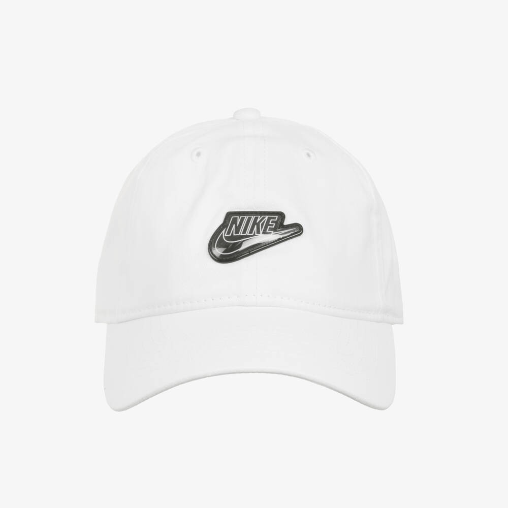 Nike-White Cotton Cap with Black Swoosh Logo | Childrensalon