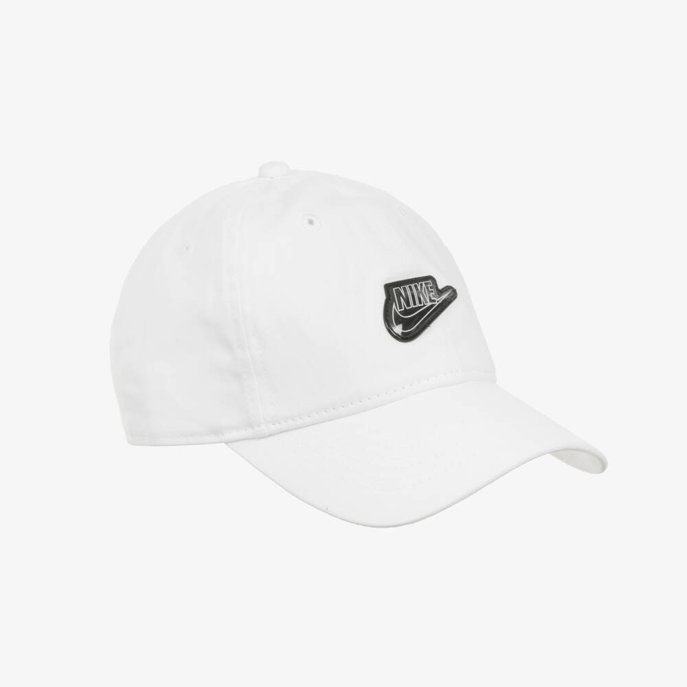 Nike-White Cotton Cap with Black Swoosh Logo | Childrensalon