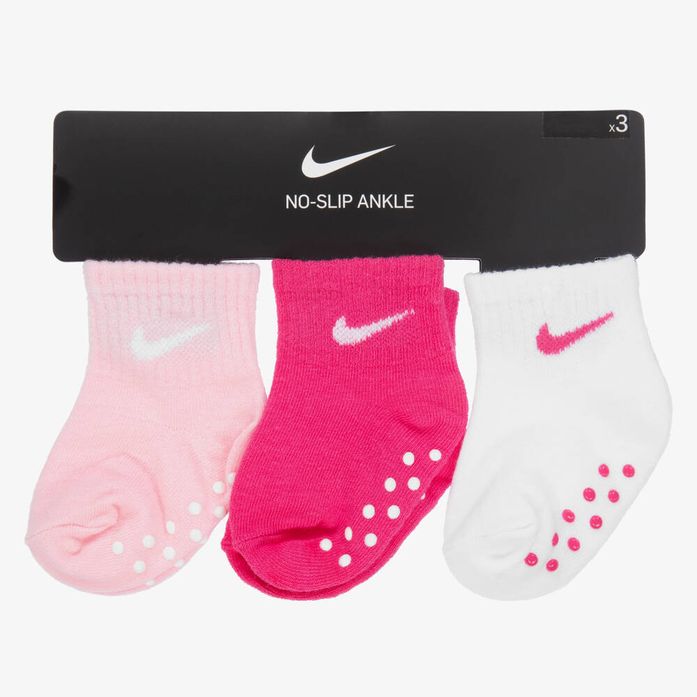 Nike-White & Pink Cotton Logo Baby Socks(3 Pack) | Childrensalon