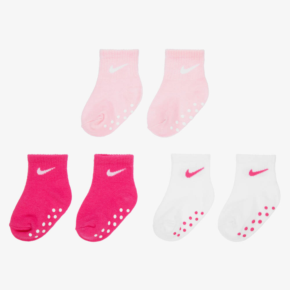 Nike-White & Pink Cotton Logo Baby Socks(3 Pack) | Childrensalon