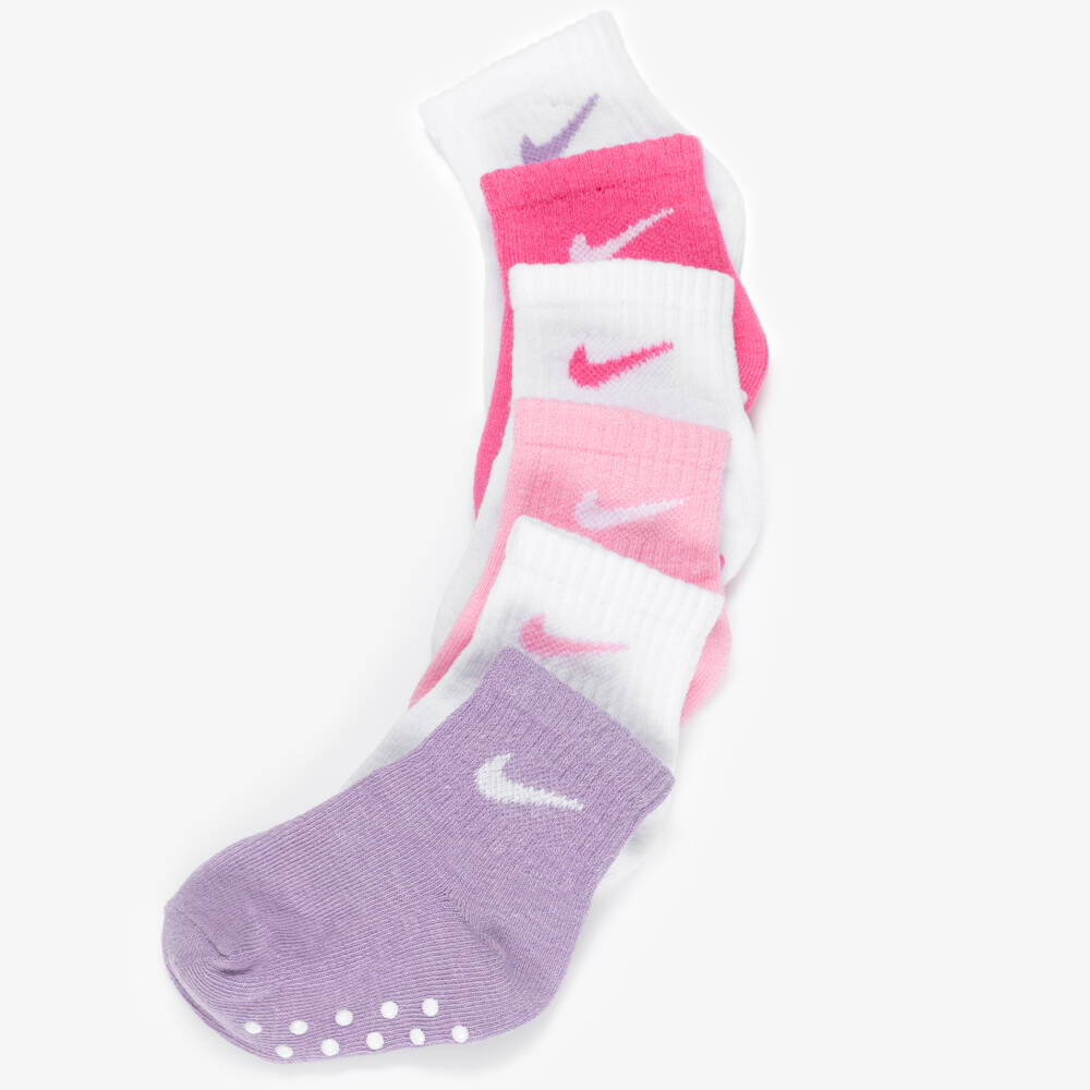 Nike-White, Pink & Purple Cotton Logo Baby Socks (6 Pack) | Childrensalon