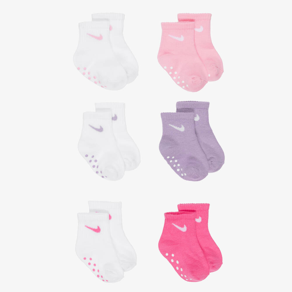 Nike-White, Pink & Purple Cotton Logo Baby Socks (6 Pack) | Childrensalon