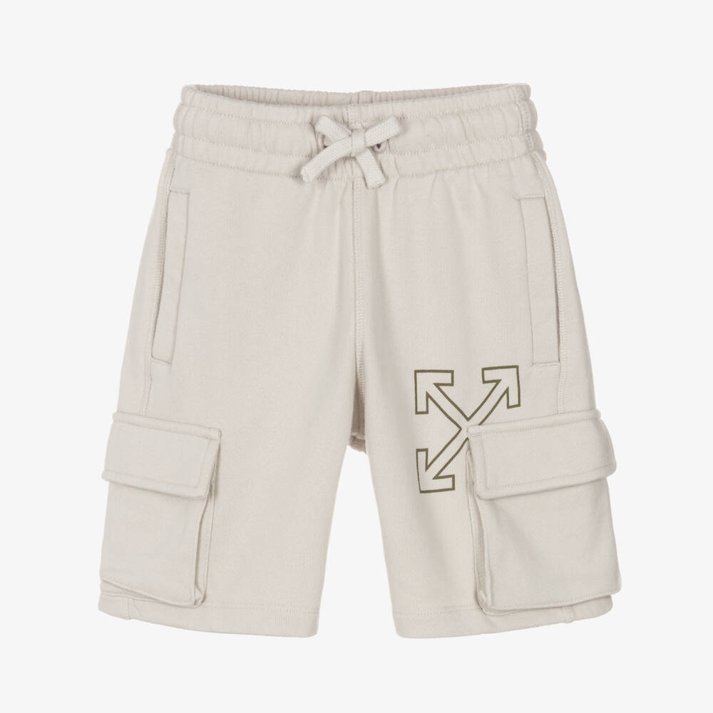 Off-White-Boys Beige Cotton Jersey Cargo Shorts  | Childrensalon