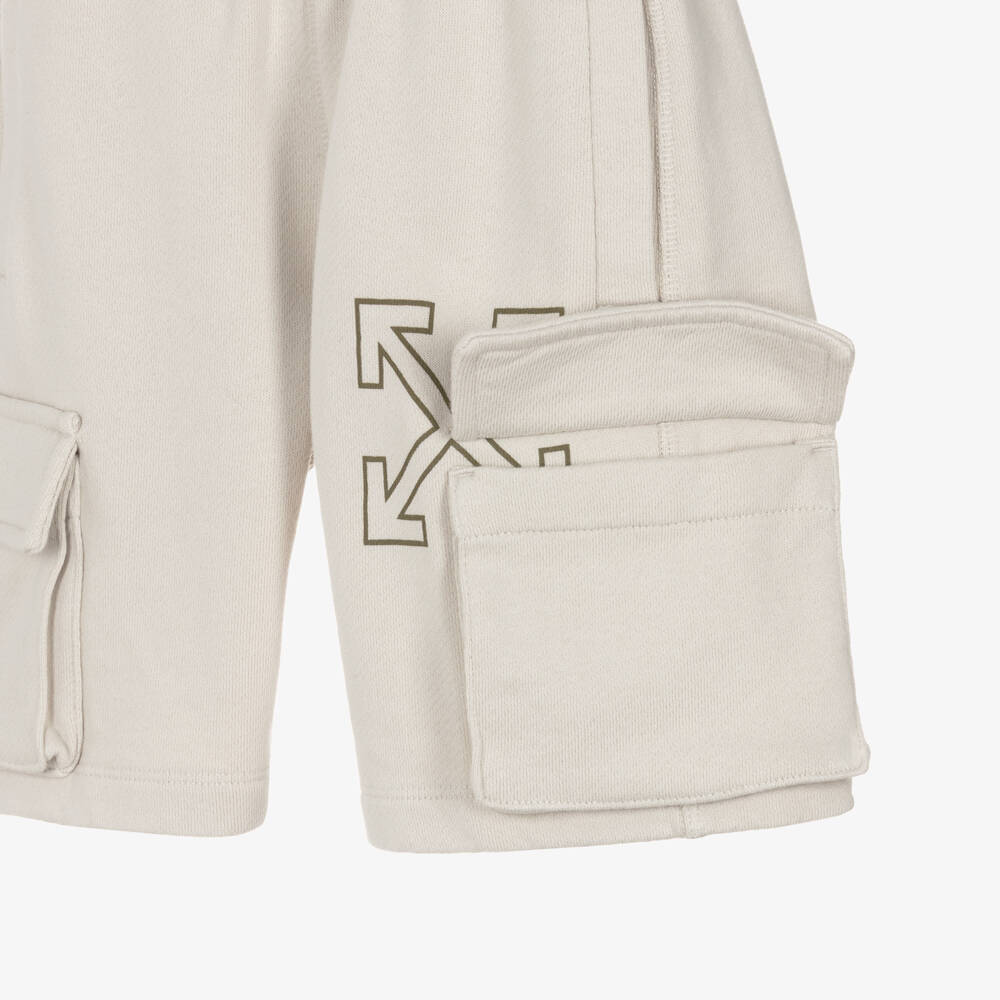 Off-White-Boys Beige Cotton Jersey Shorts with Cargo Pockets | Childrensalon