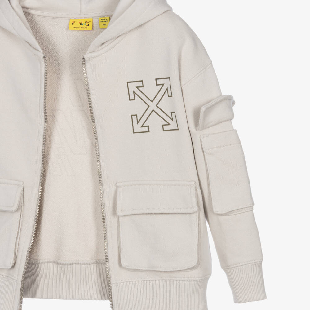 Off-White-Boys Beige Cotton Jersey Zip-Up Top | Childrensalon