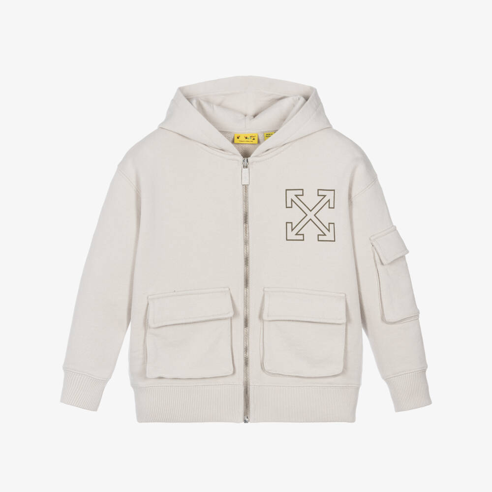 Off-White-Boys Beige Cotton Jersey Zip-Up Top | Childrensalon
