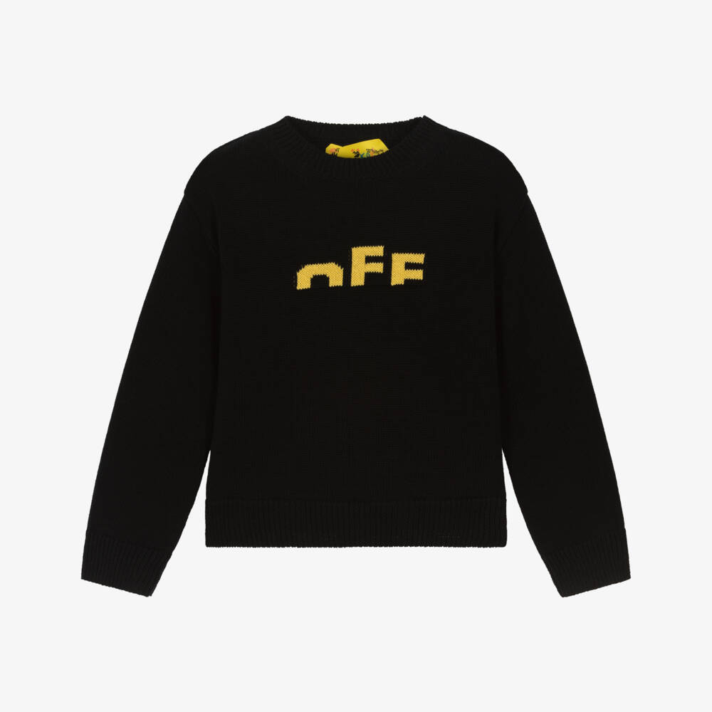 Off-White-Boys Black Cotton Sweater with Yellow Logos | Childrensalon