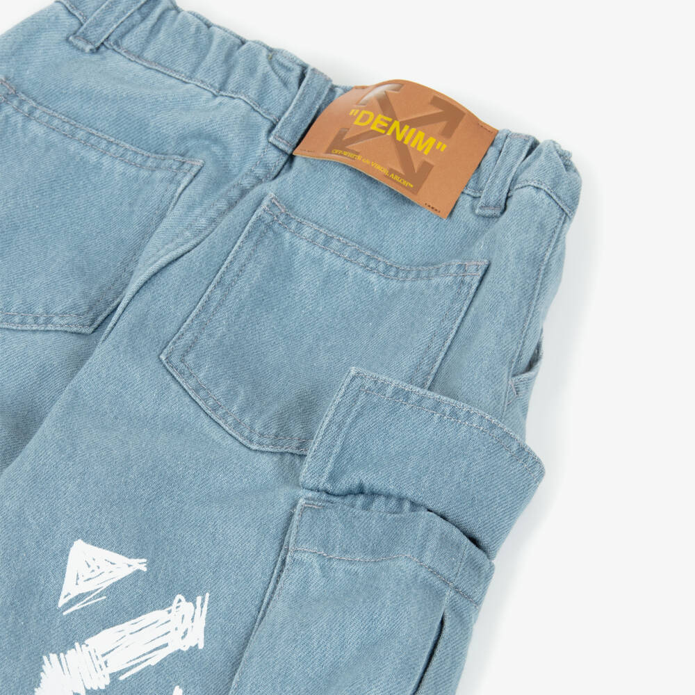 Off-White-Boys Blue Denim Cargo Shorts with Diagonals | Childrensalon