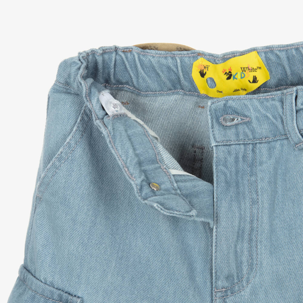 Off-White-Boys Blue Denim Cargo Shorts with Diagonals | Childrensalon