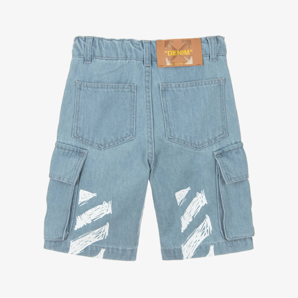 Off-White-Boys Blue Denim Cargo Shorts with Diagonals | Childrensalon