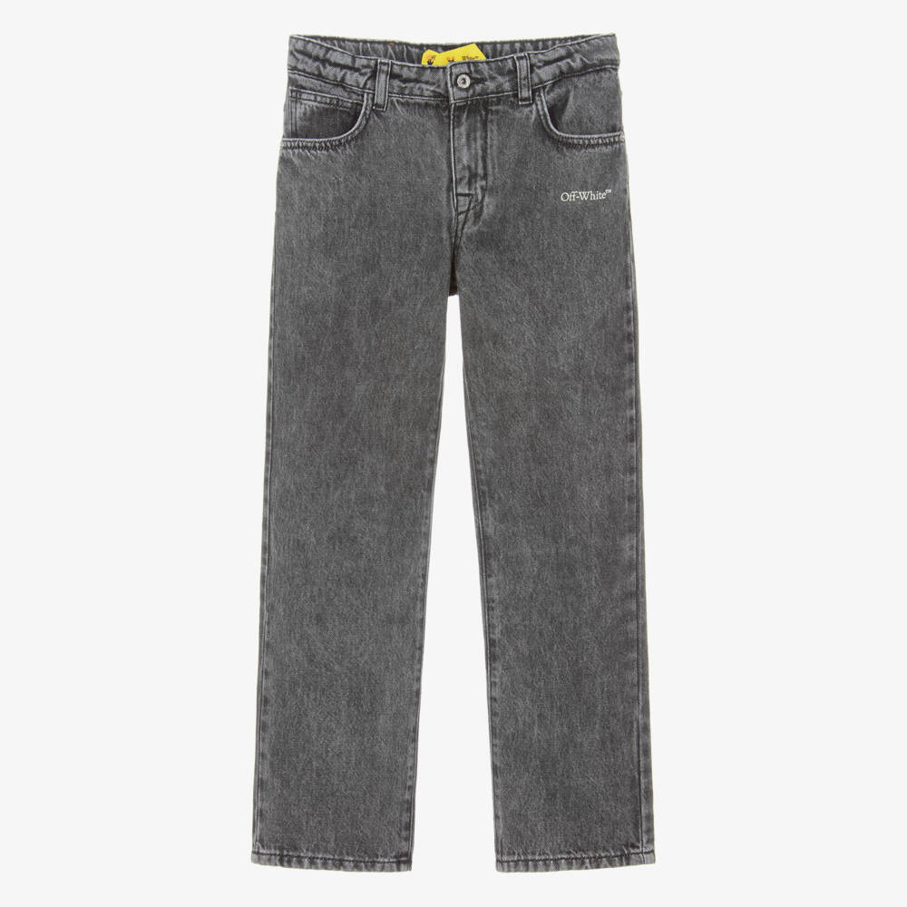 Off-White-Boys Dark Grey Denim Diagonal Logo Jeans | Childrensalon