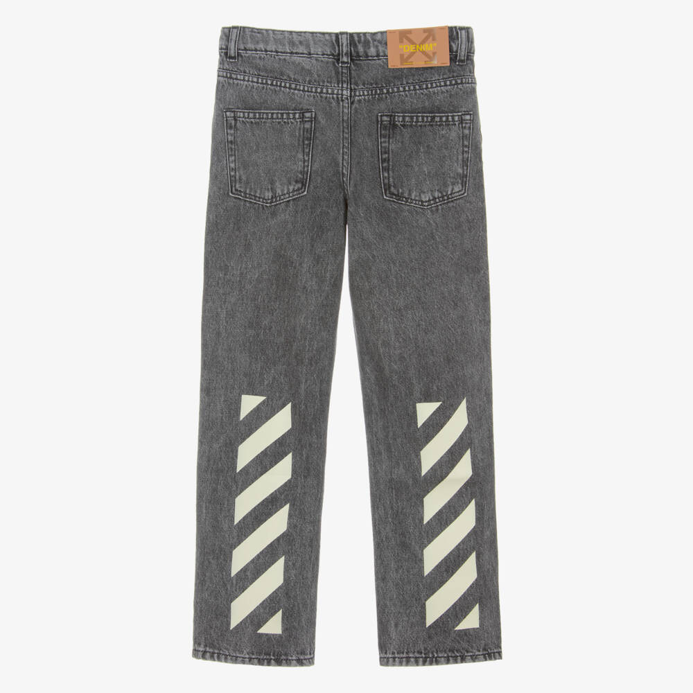 Off-White-Boys Dark Grey Denim Diagonal Logo Jeans | Childrensalon
