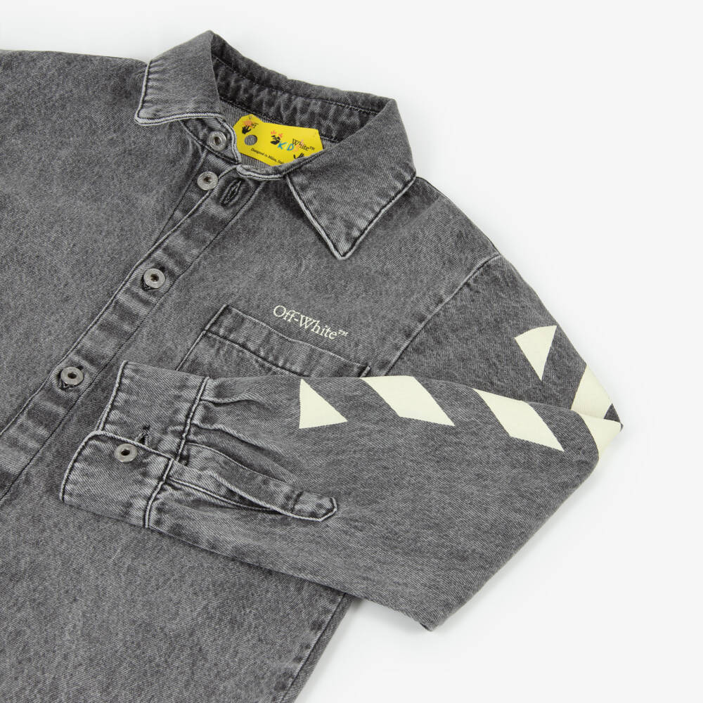 Off-White-Boys Dark Grey Denim Overshirt with Arrows Logo | Childrensalon