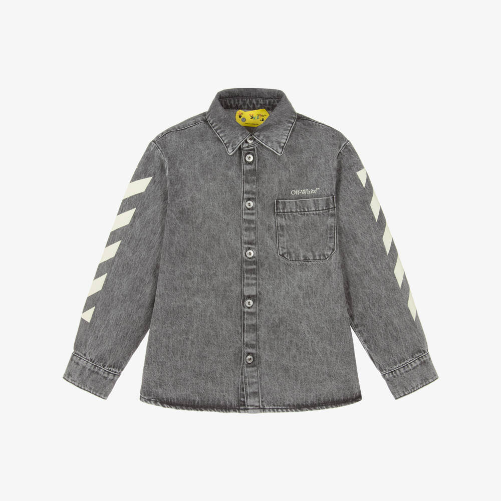 Off-White-Boys Dark Grey Denim Overshirt with Arrows Logo | Childrensalon