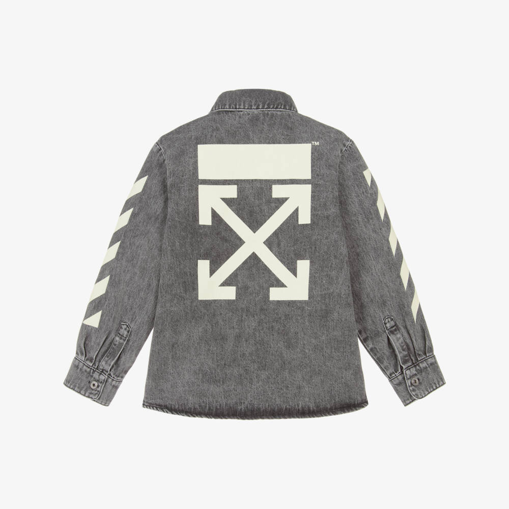Off-White-Boys Dark Grey Denim Overshirt with Arrows Logo | Childrensalon