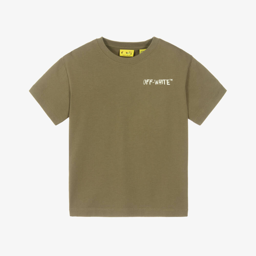 Off-White-Boys Khaki Green Cotton T-Shirt with Large Arrows Logo | Childrensalon
