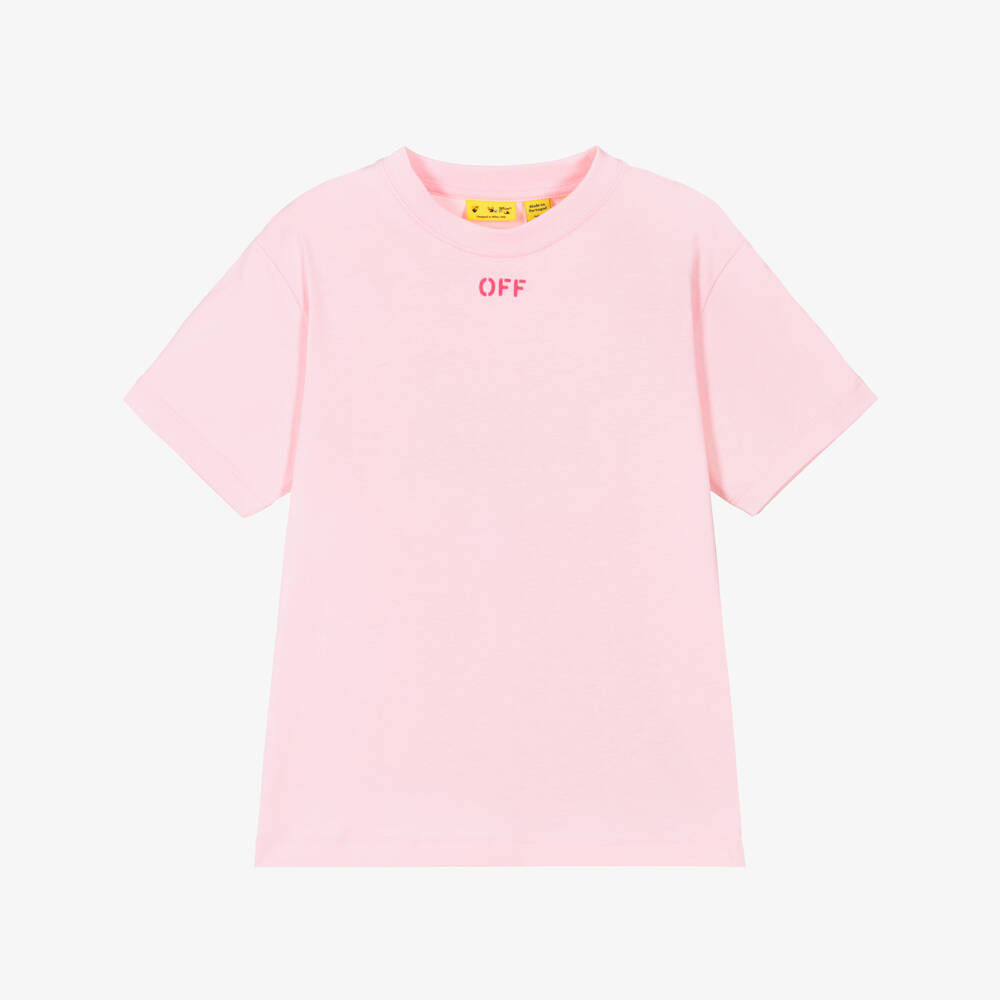 Off-White-Boys Pink Neon Diagonal Logo Cotton T-Shirt | Childrensalon